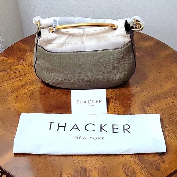 THACKER Leather Nola Shoulder/Crossbody Bag, Flap over, White/Taupe, NWT - Picture 2 of 16